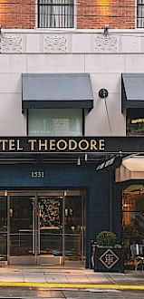 The image shows the entrance of Hotel Theodore, with a person holding an umbrella walking past, and some plants near the doorway.