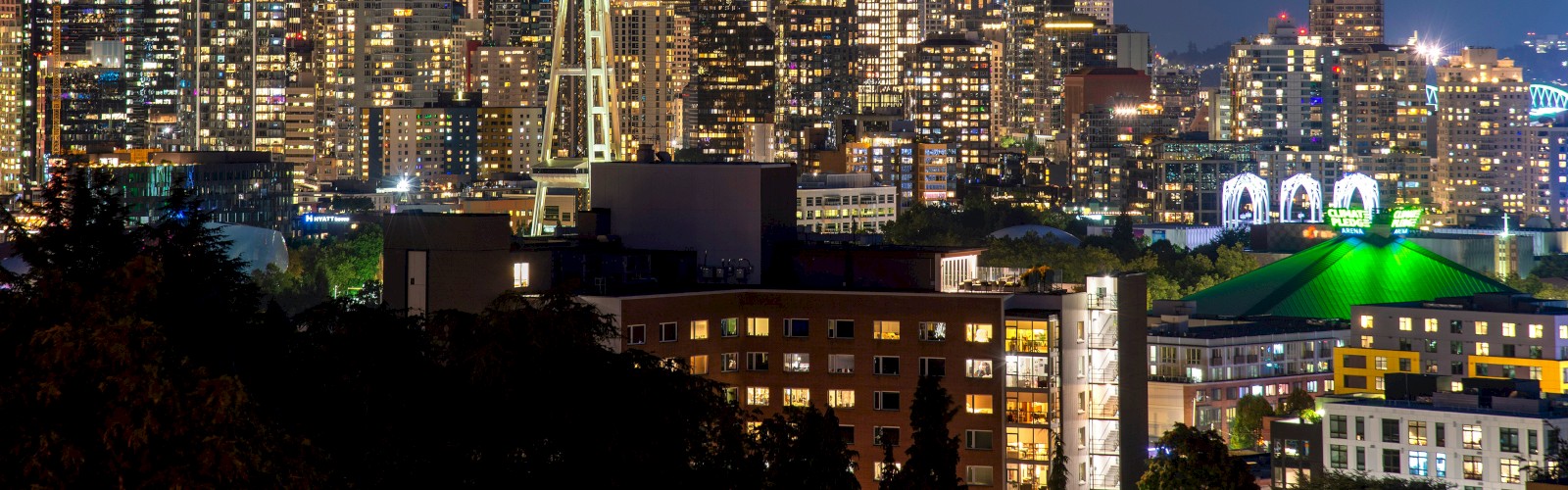 Seattle skyline at night featuring the Space Needle and illuminated buildings, city lights glow across the harbor, vibrant urban scenery.