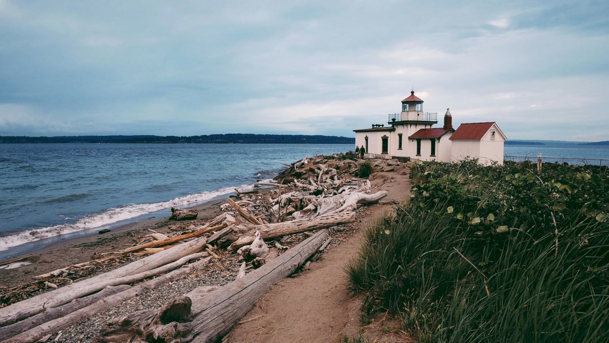A rocky shoreline with a small lighthouse and house at the end, calm blue water, driftwood scattered along a sandy path, grassy dunes nearby.
